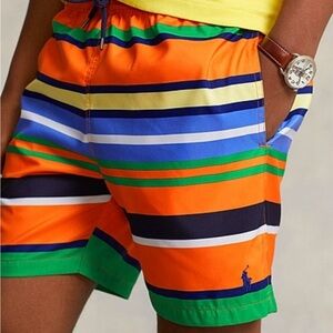 Ralph Lauren Boy's Striped Swim Shorts - Orange and Blue Size 10-12